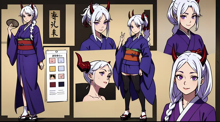 (Masterpiece, best quality), detailed, character sheet, many items (the same person, black demon horns, japanese kimono, stockings, hand fan, japanese shoes, many parts), detailed beautiful purple eyes, detailed face, joyfull face, smiling face, expression...