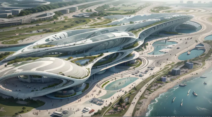 aeroporto futurista, formato de uma raia, estilo zaha hadidi, vista superior, lago ao redor, materiais: vidros e concreto,