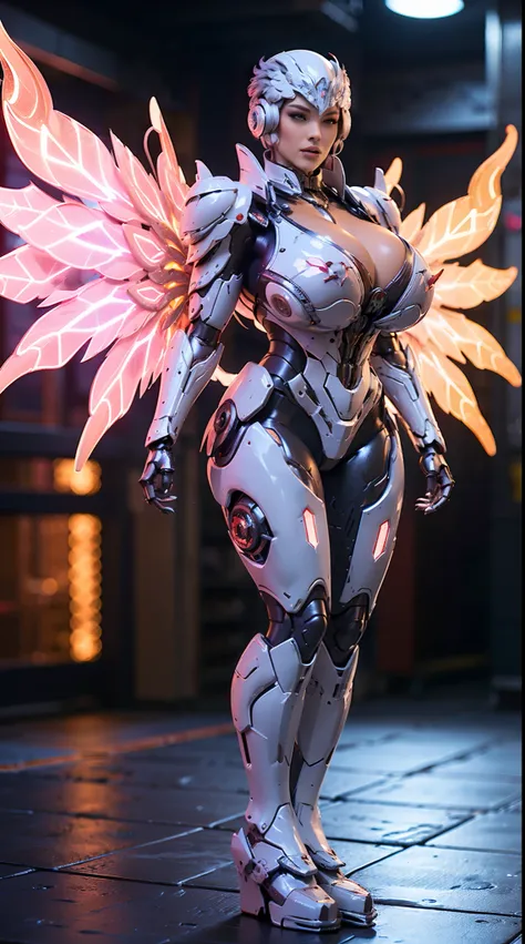 HUGE FAKE BOOBS, (BEAUTIFUL, RED, WHITE), FUTURISTIC PHOENIX ARMOR GEAR, FUTURISTIC MECHA SUIT, (CLEAVAGE), ((LARGEST MECHANICAL PEACOCK WINGS)), (TALL LEGS), FRONT, (STANDING), SEXY BODY, MUSCLE ABS, UHD, 8K, 1080P.