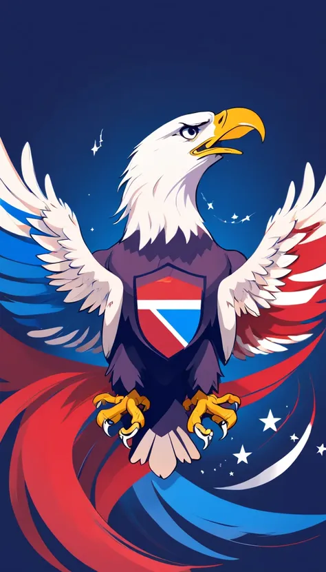 ((minimalist eagle logo)), An American eagle in the shape of a the American flag with a music note incorporated , red white & blue, incorporate a big perfect music note