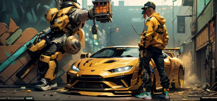 A photorealistic urban scene of a young man with a tough expression standing on a grimy inner city street next to a customized super car bouncing on hydraulic pumps. The man has edgy streetwear fashion - baggy jeans, chains, snapback cap, sneakers - and a ...