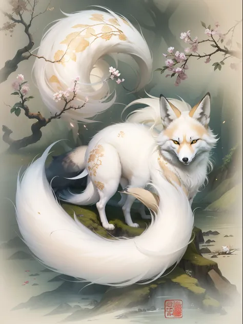 master part, Melhor, noite, pegue a chave, 1 White fox with three tails, Chinese style, China antiga, expression of wisdom and mystery, calmo, sentado, Misterioso