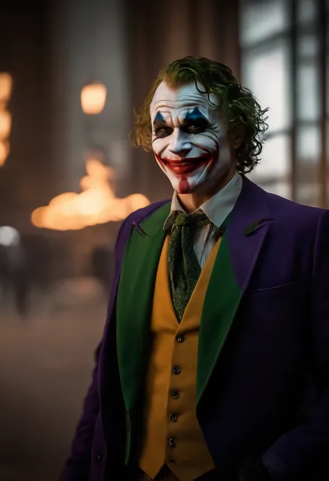 Dc, Velho Heath Ledger, coringa, sorriso assustador, Realistic, dynamic lights, velho, restolho, tiro completo, (muito detalhado CG unificado 8k wallpaper), trends on artstation, trends on CGsociety, High detail, foco nítido, Dramatic, Realidade Fotorreali...