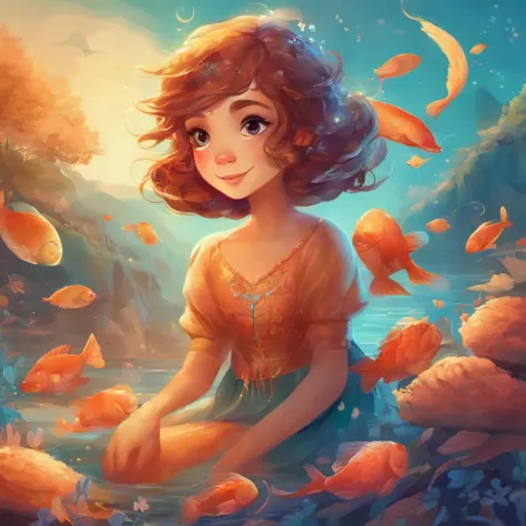 havia um peixinho fofo com grandes olhos redondos e um sorriso contagiante, cor dourado ,a beautiful artwork illustration, , adorable digital art, 🍁 fofo, in illustration style digital, cena quente e bonita, cute illustration, arte digital detalhada bonito...