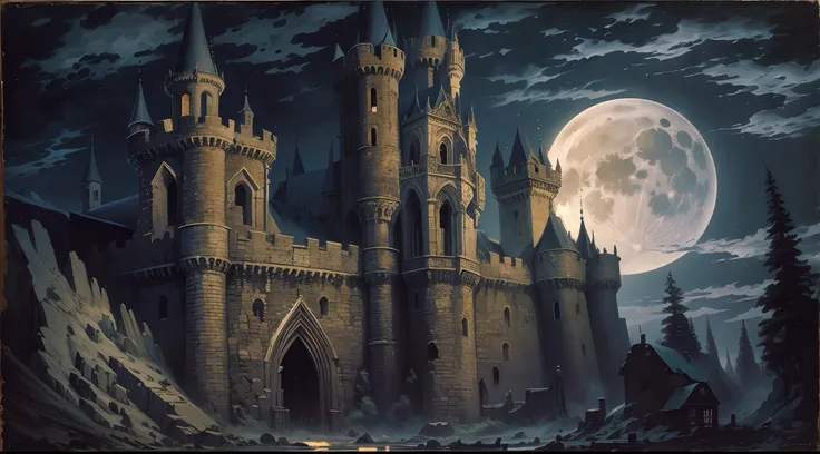 Gothic painting of an ancient castle at night, with a full moon, gargoyle, and deep shadows