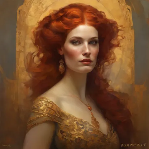 Painting of a red-haired woman with makeup from the Day of the Dead and a golden dress, Mucha Klimt et Tom Bagshaw, Craig Mullins Alphonse Mucha, Alphonse Mucha et Craig Mullins, Beeple et Alphonse Mucha, Tom Bagshaw Donato Giancola, Krenzcushart, inspired...