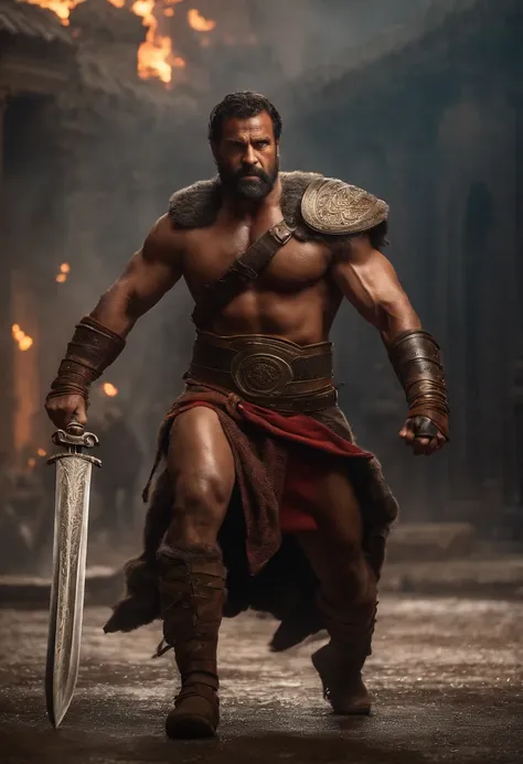 masterpiece, detailed, intricate, epic fantasy, colorful, full body, slight angle, man, 40 years old, hulking, brawny, fitted, ankle wraps, very hairy torso, big strong hands, fine detailed, running, intense action, dynamic juxtaposition, skimpy revealing ...