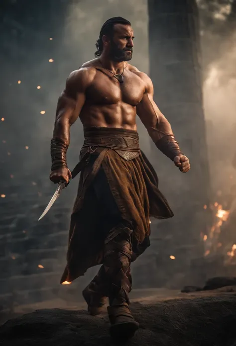 masterpiece, detailed, intricate, epic fantasy, colorful, full body, slight angle, man, 40 years old, hulking, brawny, fitted, ankle wraps, very hairy torso, big strong hands, fine detailed, running, intense action, dynamic juxtaposition, skimpy revealing ...