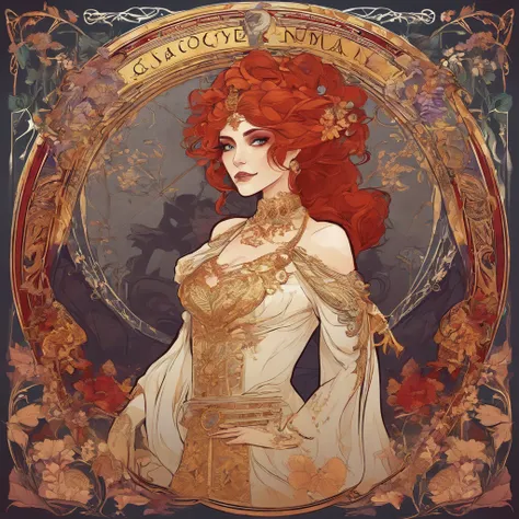 Painting of a red-haired woman with Day of the Dead makeup and a golden dress, Mucha Klimt et Tom Bagshaw, Craig Mullins Alphonse Mucha, Alphonse Mucha et Craig Mullins, Beeple et Alphonse Mucha, Tom Bagshaw Donato Giancola, Krenzcushart, inspired by James...