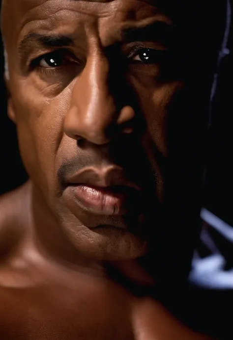 portrait of the man [Sylvester Stallone: Mike tyson: 0.5], ighly detailed, photos realistic, mid night, lowkey, 35mm lens