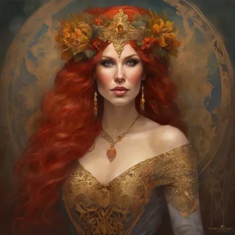 Painting of a red-haired woman with Day of the Dead makeup and a golden dress, Mucha Klimt et Tom Bagshaw, Craig Mullins Alphonse Mucha, Alphonse Mucha et Craig Mullins, Beeple et Alphonse Mucha, Tom Bagshaw Donato Giancola, Krenzcushart, inspired by James...