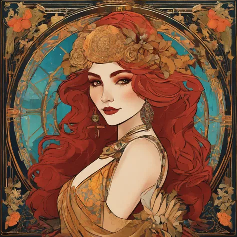 Painting of a red-haired woman with Day of the Dead makeup and a golden dress, Mucha Klimt et Tom Bagshaw, Craig Mullins Alphonse Mucha, Alphonse Mucha et Craig Mullins, Beeple et Alphonse Mucha, Tom Bagshaw Donato Giancola, Krenzcushart, inspired by James...