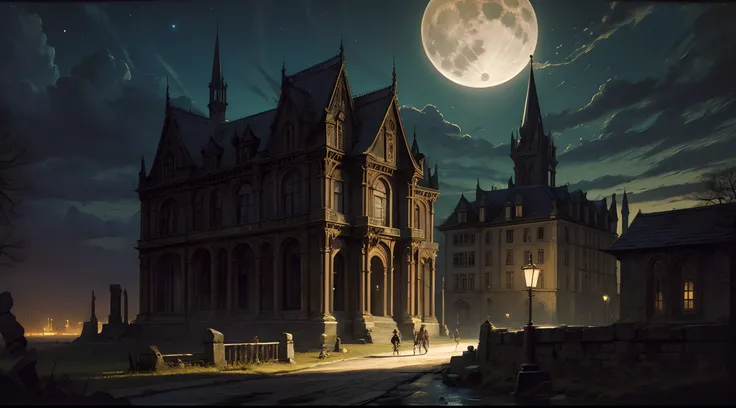 Gothic painting of an ancient castle at night, with a full moon, gargoyle, and deep shadows