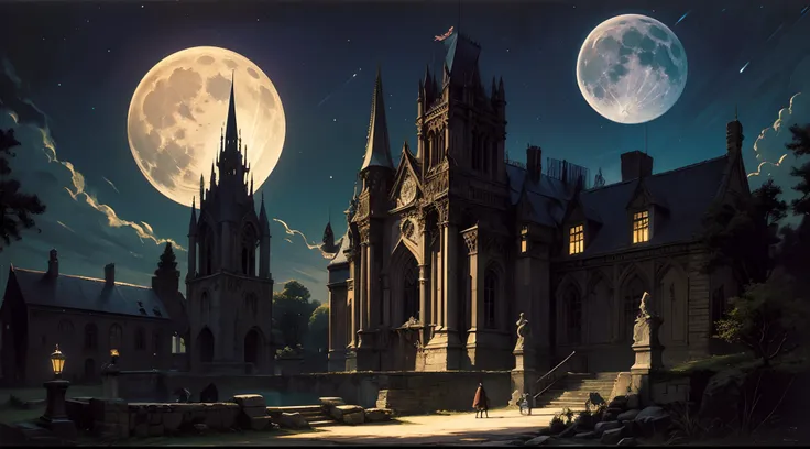 Gothic painting of an ancient castle at night, with a full moon, gargoyle, and deep shadows