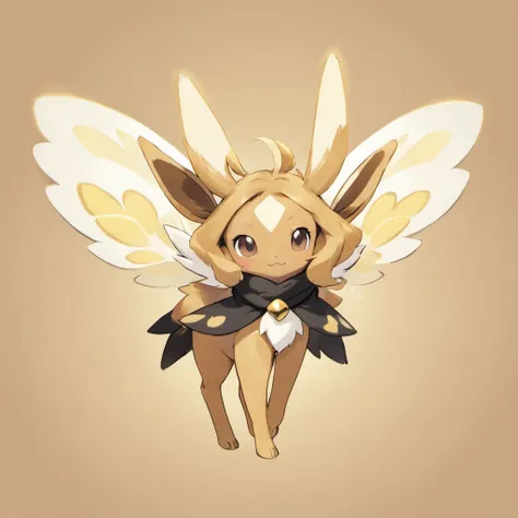 Eevee, soft yellow and white, black antennae and black insect legs, brown scarf, and white fairy-like wings with tan pattern, masterpiece, best quality