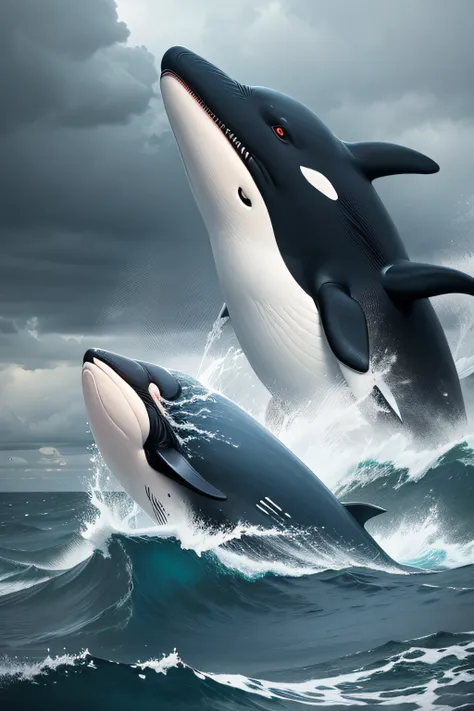 in a realistic raging sea, a slender and sporty whale orca fights against the storm to guide a lost boat