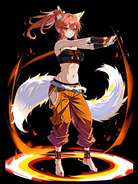 Menina anime com uma espada e um anel de fogo, fire!! corpo inteiro, raposa nobushi, Kitsune segurando tocha, fire type, Ela tem poderes de fogo, Kitsune, nove caudas, mago de fogo, estilo anime konosuba, personagem de anime feminino, personagem de anime, ...