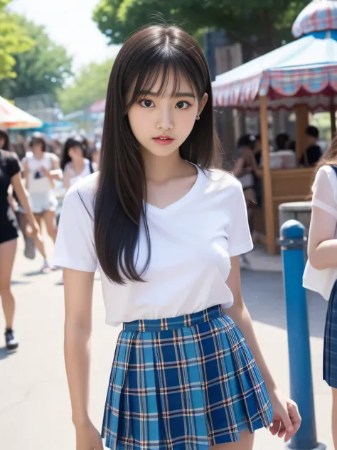 年轻，(pleatedskirt，Blue plaid mini skirt)，White T-shirt without sleeves，teens girl，Delicate body，petite body，small tits，tiny chest，A dark-haired，Very Longhair，An amusement park，((tthin eyebrows))