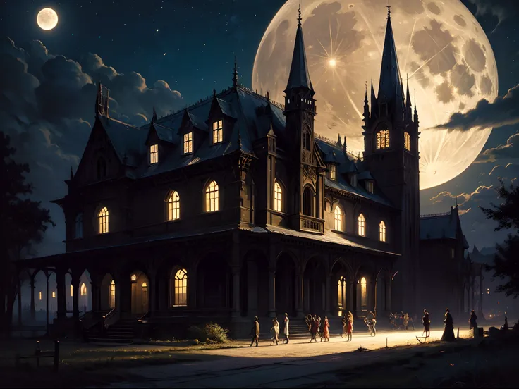 Gothic painting of an ancient castle at night, with a full moon, and deep shadows