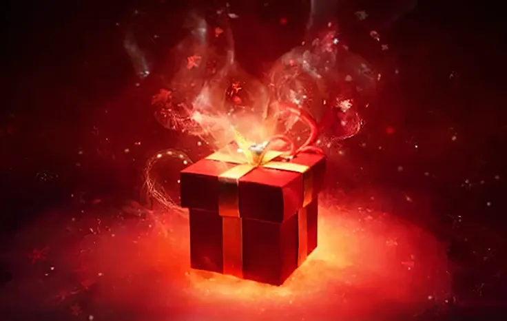 a red gift box with a bow and sparkles on a dark background, magic sparks, Presentes, magic particles, Magical particles in the air, magic particles, magical effect, particles explosion, fundo vermelho fotorrealista, Apresenta, with spark circuits, lindo, ...