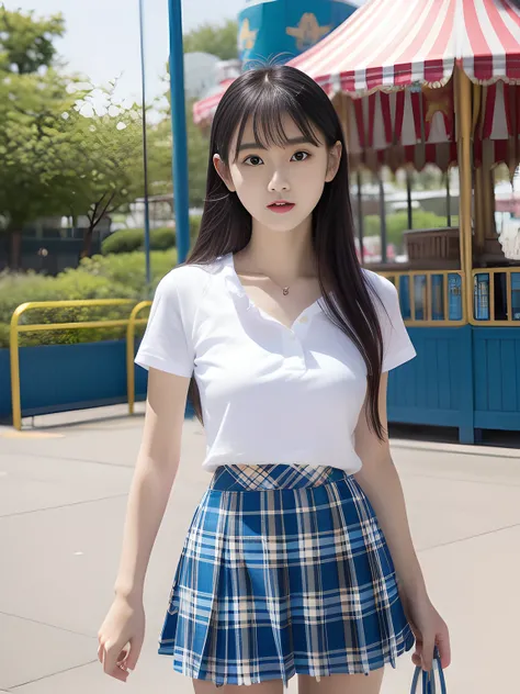 年轻，(pleatedskirt，Blue plaid mini skirt)，White T-shirt without sleeves，teens girl，Delicate body，petite body，small tits，tiny chest，A dark-haired，Very Longhair，An amusement park，((tthin eyebrows))，bangss