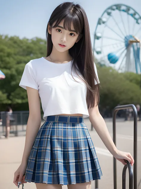 Looks Back，年轻，(pleatedskirt，Blue plaid mini skirt)，White T-shirt without sleeves，teens girl，Delicate body，petite body，small tits，tiny chest，A dark-haired，Very Longhair，An amusement park，((tthin eyebrows))，bangss