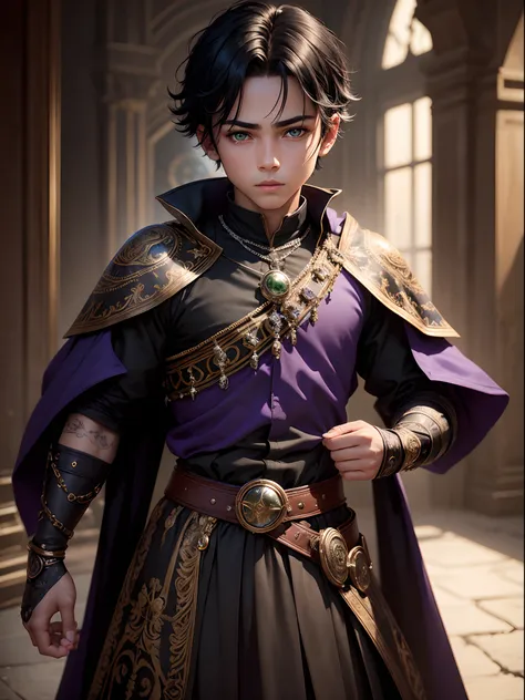 boy,young,handsome,10 years old, finely detailed eyes,green iris color,skin light tone,black hair, intricate details, portrait, looking at viewer, solo,(full body:0.6), detailed background, detailed face,(tattoos:0.9), dynamic pose,fine dark purple prince ...