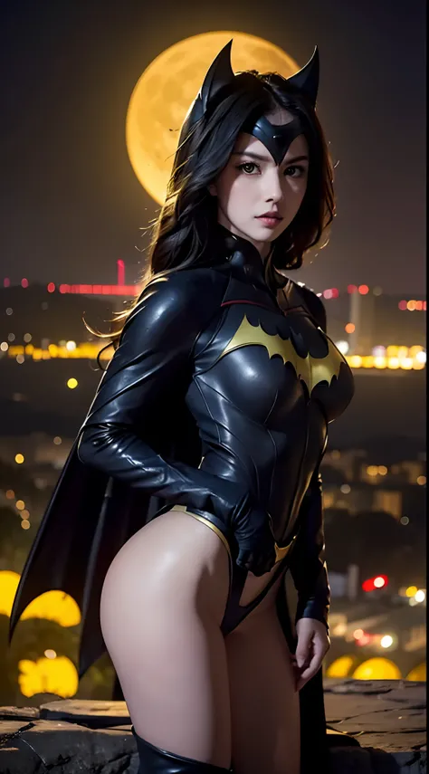 Woman,girl,masterpiece:1.2,best quality:1.4,raw photo,exposed curves,exposed body parts,accentuated curves,(batwoman:1.1),(fully exposed :1.4),accentuated hip,in roof of ancient Pharoah tower,bright yellow moon in sky