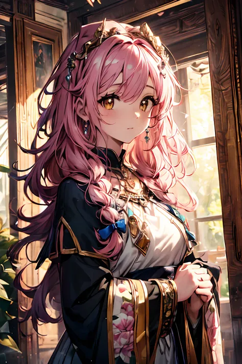 (best quality, 4k, 8k, a high resolution, masterpiece:1.2), ultra-detailed, noble maiden, exquisite facial features，pink curly h...