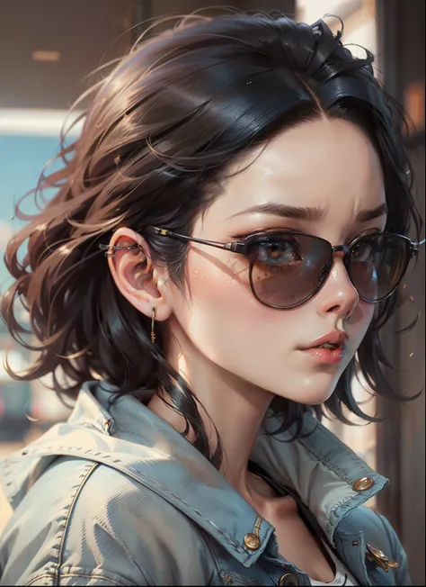 a close up of a woman wearing sunglasses and a denim jacket, style artgerm, artwork in the style of guweiz, artgerm. high detail, style of artgerm, realistic art style, artgerm portrait, realistic artstyle, ig model | artgerm, extremely detailed artgerm, i...