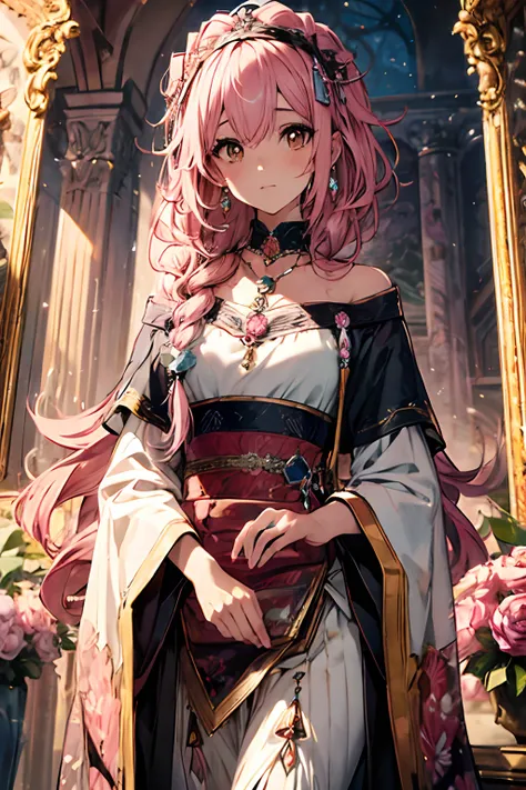 (best quality, 4k, 8k, a high resolution, masterpiece:1.2), ultra-detailed, noble maiden, exquisite facial features，pink curly h...