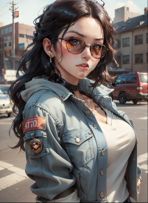 a close up of a woman wearing sunglasses and a denim jacket, style artgerm, artwork in the style of guweiz, artgerm. high detail, style of artgerm, realistic art style, artgerm portrait, realistic artstyle, ig model | artgerm, extremely detailed artgerm, i...