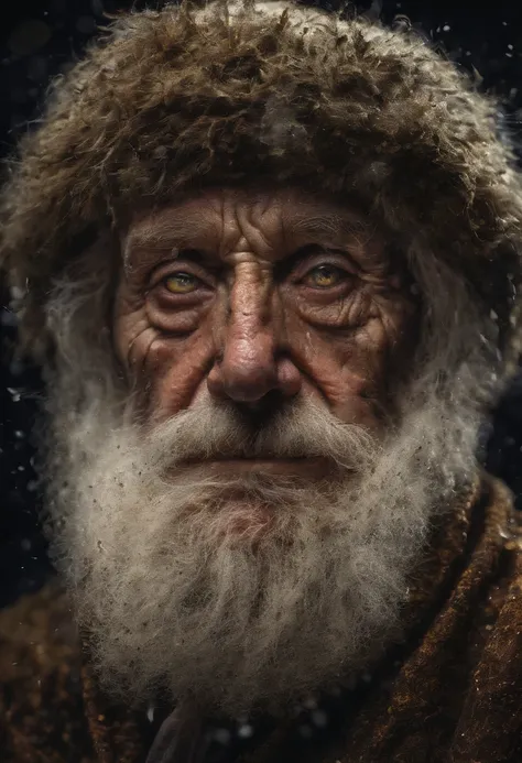 An epic close up portrait of elderly intense sinister eyes, and nose with long white beard, framed with a faded ancient tattered white linen hood, reflecting gold sparks in the irises of the eyes, white eyebrows, at night, dramatic lighting, high contrast,...