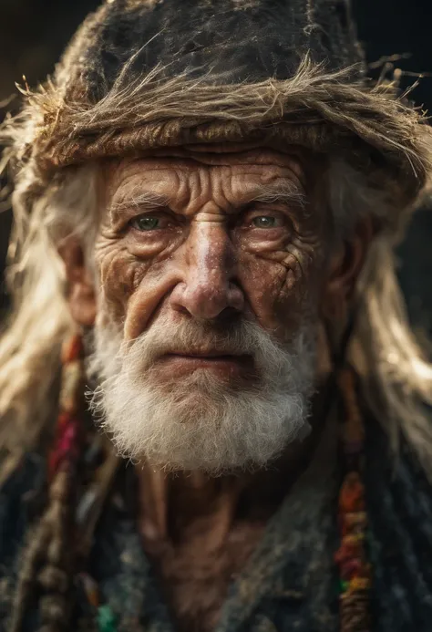 An epic close up portrait of elderly intense sinister eyes, and nose with long white beard, framed with a faded ancient tattered white linen hood, reflecting gold sparks in the irises of the eyes, white eyebrows, at night, dramatic lighting, high contrast,...