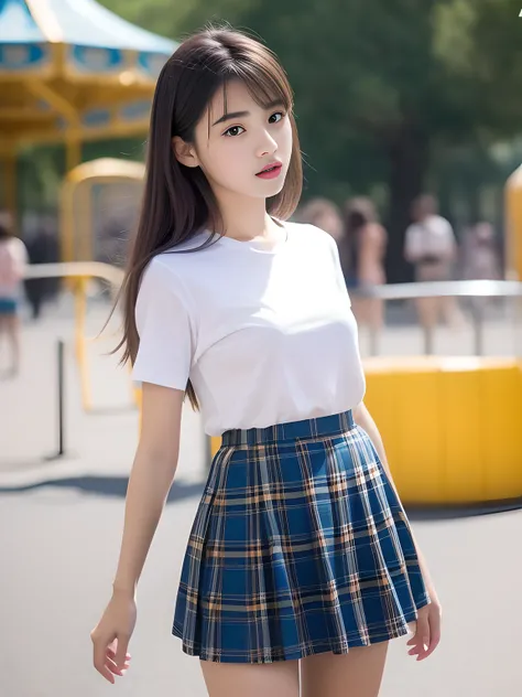 Looks Back，年轻，(pleatedskirt，Blue plaid mini skirt)，White T-shirt without sleeves，teens girl，Delicate body，petite body，small tits，tiny chest，A dark-haired，Very Longhair，An amusement park，((tthin eyebrows))，bangss