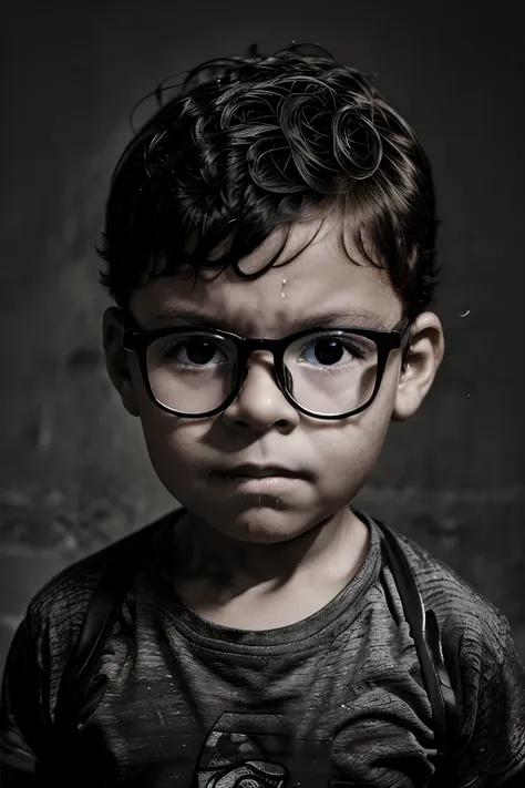 studio photograph style: a 3-year-old boy wearing glasses, with summer clothes, sentado em um banquinho de madeira. fundo preto,...