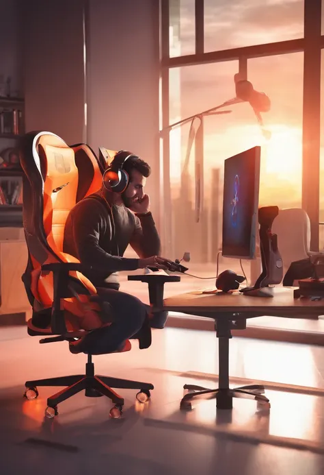 Man wearing headphones in front of the computer playing video games sitting in a gaming chair