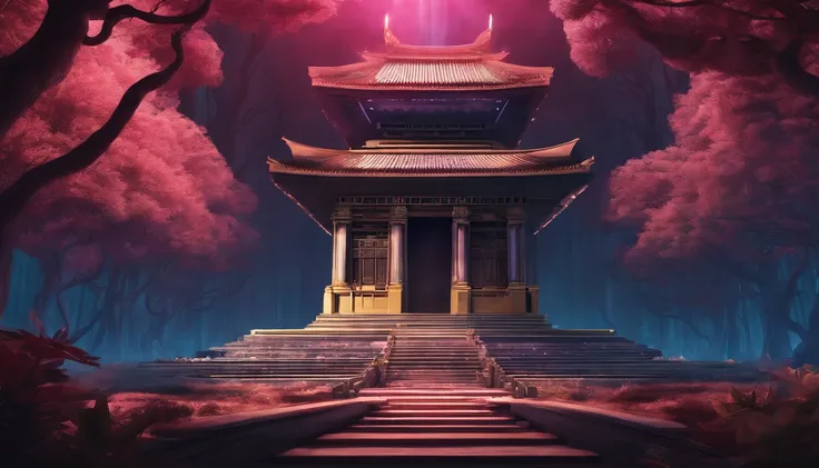 There is a huge glowing temple as the center focus nestled within a dark forest