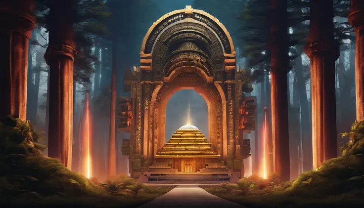 There is a huge glowing temple as the center focus nestled within a dark forest