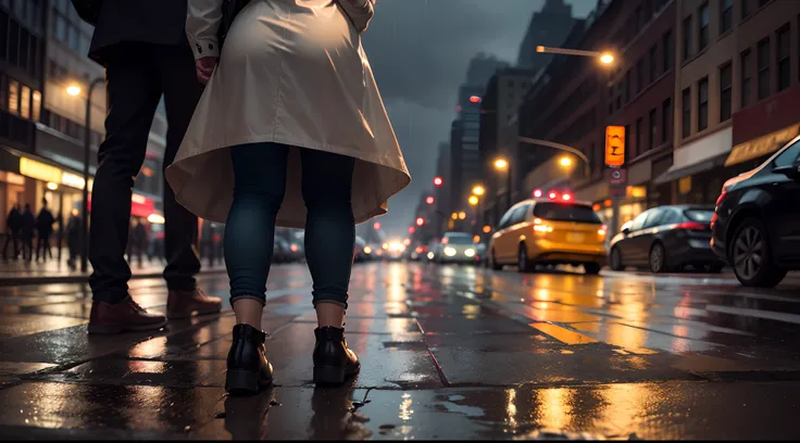 street photograph of a rainy night in New York, reflections on wet pavement, motion streaks of light, high definition, 4k, 8k, photorealistic , ultra photoreal , ultra detailed, intricate details