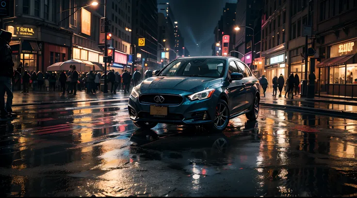 street photograph of a rainy night in New York, reflections on wet pavement, motion streaks of light, high definition, 4k, 8k, photorealistic , ultra photoreal , ultra detailed, intricate details