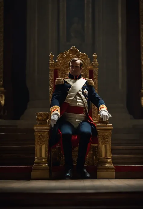 Depict Napoleon sitting on a majestic throne, com o lema "DDIM, eu sou o trono" escrito ao redor. Mostre-o como o centro do poder, cinemactic