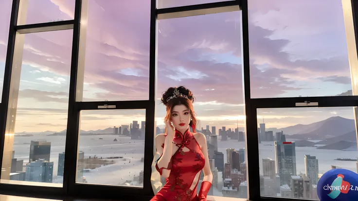 There is a woman in a red dress in front of a window, Avatar do Second Life, doing an elegant pose over you, (Nova York nevada no fundo), fazendo uma pose elegante, IMVU, pose de glamour, Segunda vida, in front of a sci fi cityscape, sitting on a skyscrape...