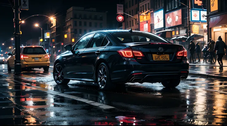 street photograph of a rainy night in New York, reflections on wet pavement, (car headlights making motion streaks of light), high definition, 4k, 8k, photorealistic , ultra photoreal , ultra detailed, intricate details