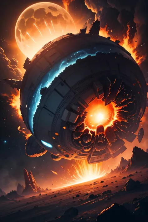 A massive phamtomatic creature from space begins to devour a planet with a huge crash. Pieces of the planet are expelled in a magnificent explosion. Shuttles trying to escape the monster