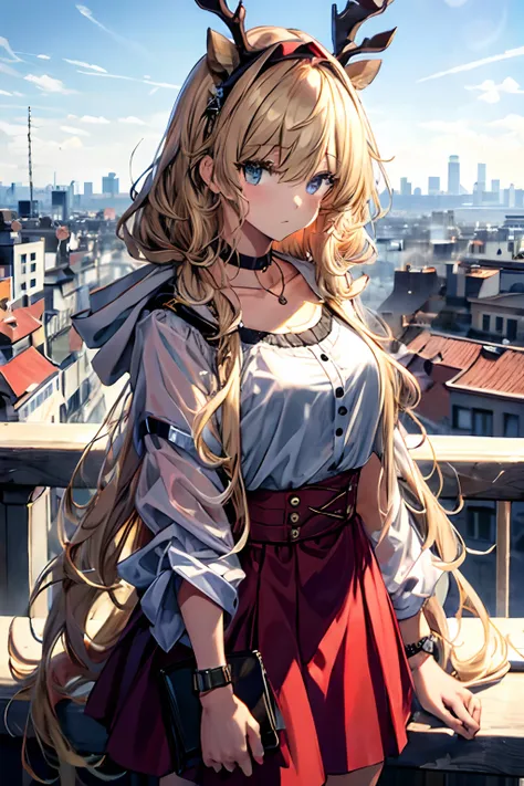 Best quality at best，tmasterpiece，1girll，Blonde hair，messy  hair，curly_Hair，The shirt，a skirt，kawai，JK，Red_bow，Wrist watch，choker necklace，view over city，Original photo of 8K，超高分辨率，highest details，复杂，8K，hdr