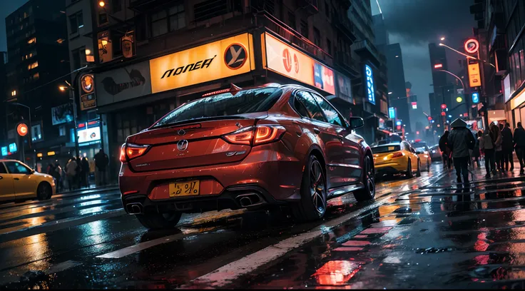 street photograph of a rainy night in New York, reflections on wet pavement, busy traffic, (glowing neon signs), ((car headlights, motion trails of light)), high definition, 4k, 8k, photorealistic , ultra photoreal , ultra detailed, intricate details