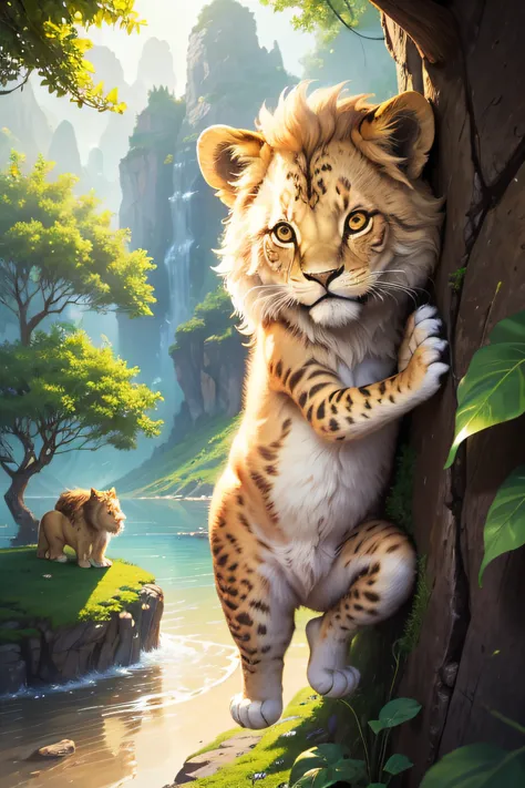 (best quality,4k,highres,masterpiece:1.2),ultra-detailed,realistic,childrens book illustration style,a lion cub in various poses and adventures,expressive facial expressions,adorable,cute and playful,white background,vivid yellow fur color,child-friendly,f...