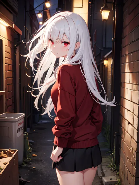 Close up, night, back alley, trash, dimly lit, adult woman, short, neutral expression, frown, red eyes, white hair, red sweater, black short skirt