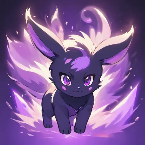 Eevee, ebony black, fangs, ghostly violet and purple aura, spooky, nightmare, masterpiece, best quality